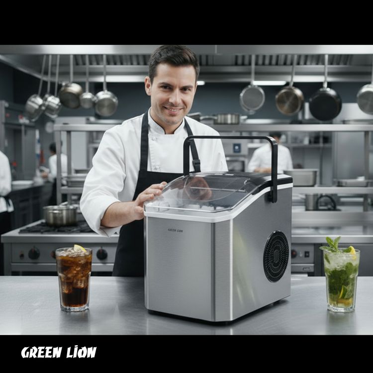 صانع الثلج الفوري جرين ليون آيس ميت مع شاشة تحكم باللمس، قدرة طاقة مصنفة 130 واط، سعة خزان مياه 1.3 لتر، سعة سلة الثلج 0.5 كجم، قابس BS بطول 1.2 متر، رصاصات صغيرة وكبيرة، مؤشر إضافة الماء ومؤشر امتلاء الثلج.