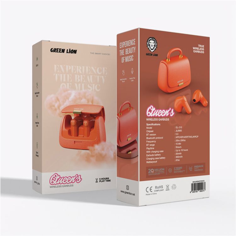 Green Lion Queen's Mini Bag Style True Wireless Earbuds, JL6983 Chipset, Bluetooth Version 5.3, Up to 15 m Bluetooth Range, 5 Hours Playtime, Up to 16 Hours with Charging Case, 300 mAh Charging Case Battery, IPX4 Water Resistance Level - Orange