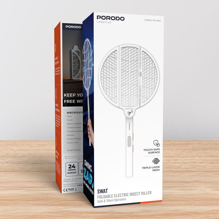 Porodo Swat Foldable Electric Insect Killer, Touch-Safe Surface, 1500mAh Battery Capacity, 2W Power, USB-C Charging Interface, Automatic Unfolding Face, Triple-Layer Mesh - White