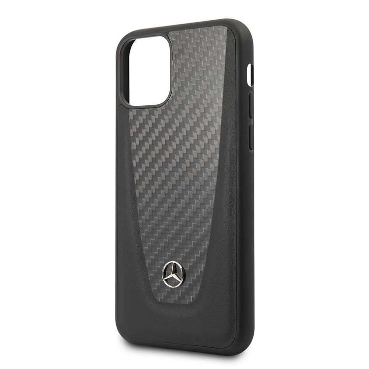 CG MOBILE Mercedes Benz Genuine Leather Case with Carbon Fiber Compatible for iPhone 11 Pro Max (6.5")  Shock Absorption - Drop Protection Back Cover Officially Licensed - Black
