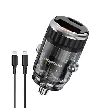 Porodo Dual Port Transparent Car Charger with USB-C to Lightning Cable, PD 36W, QC 18W, USB-A & USB-C Ports, Pull Ring Handle, Fast Charging Technology, Smart Charging Protocols, Universal Compatibility - Black