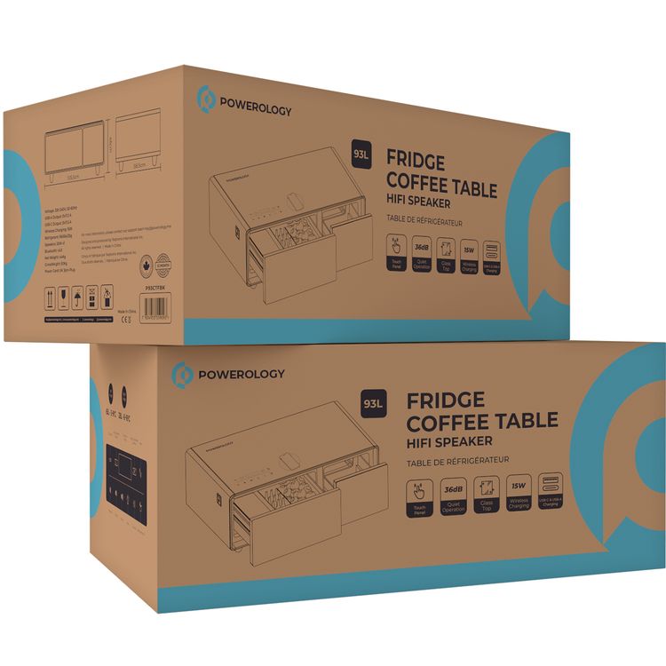 ثلاجة طاولة القهوة مع مكبر صوت هاي فاي من باورولوجي/93 لتر,شحن لاسلكي، لوحة لمس - أسود