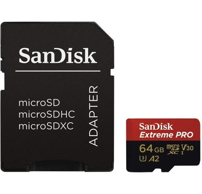 SanDisk 64GB Extreme Pro microSDXC Memory Card Plus SD Adapter up to 100 MB/s, Class 10, U3, V30, A1 - SDSQXCG-064G-GN6MA