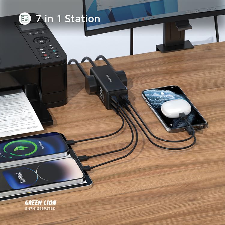 شريط الطاقة من جرين ليون 7 في 1 بقوة 65 واط من نوع GaN مع طاقة 3250 واط، مصنوع من مادة مقاومة للاشتعال من نوع PC، مع خاصية PD بقوة 65 واط، مغالق أمان، 3 منافذ نوع-C و 2 منافذ USB-A، 2 مآخذ كهرباء AC، متوافق على نطاق واسع - باللون الأسود.