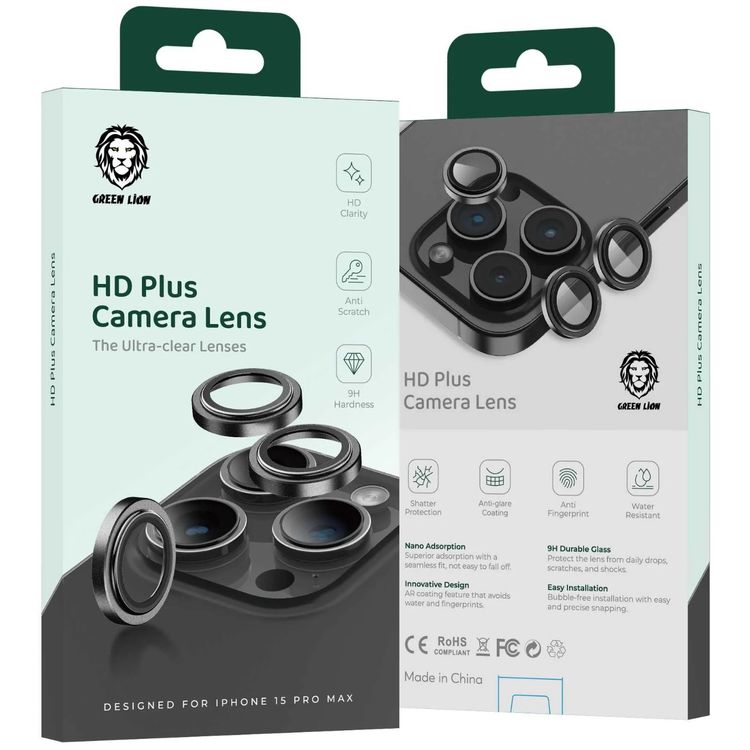 Green Lion HD Plus Camera Lens For iPhone 15 Pro/ 15 Pro Max, Anti Fingerprint & Anti Scratch, High Transparency, Water Resistant, Shatter Protection, Anti-Glare Coating - Black 