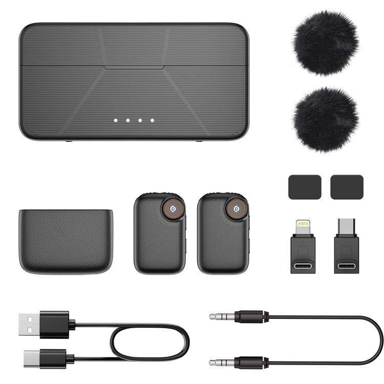 Powerology Pure Q1 AI Noise-Cancelling Microphone with Crystal-Clear Sound, Bluetooth BGM Streaming, Instant Auto Pairing, Multi-Scene Reverb Modes, Type-C Charging Port, One-Touch Noise Cancellation, 5.5 Hours Transmitter, 7.5 Hours Receiver with BGM, Earphone Monitoring- Black