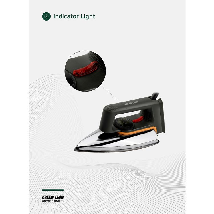 Green Lion Vintage Iron with 1000W Rated Power, Adjustable Thermostat, Indicator Light, Dry Function, Non-Stick Sole Plate, Overheat Protection - Black / Silver