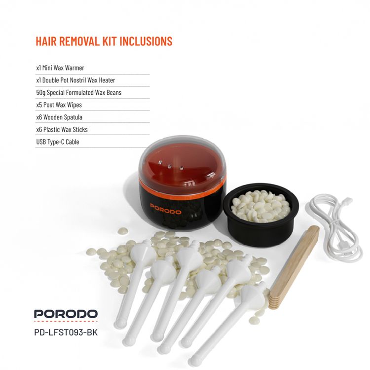 Porodo Lifestyle Wax Warming Hair Removal Kit with Automatic Heating, Type-C Charging, Quick Wax Melt, Suitable for Nose, Ears, Eyebrows & Moustache - Black