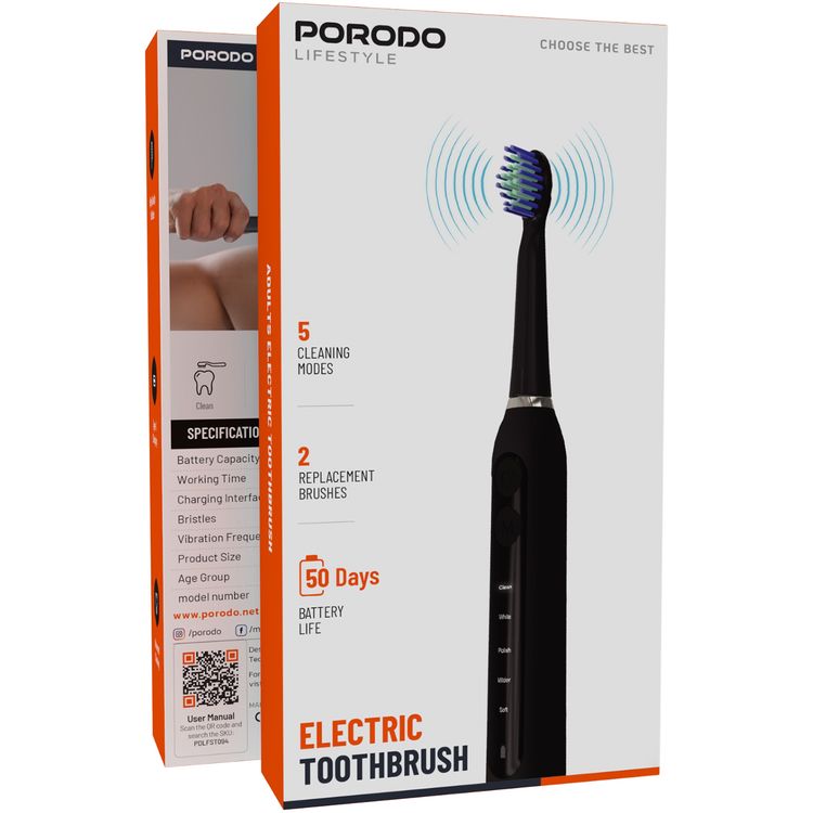 Porodo Lifestyle Electric Toothbrush with 5 Cleaning Modes, Up to 50 Days Working Time, High-Quality Bristles, 2 Extra Replacement Brush Heads, 500mAh Battery Capacity - Black