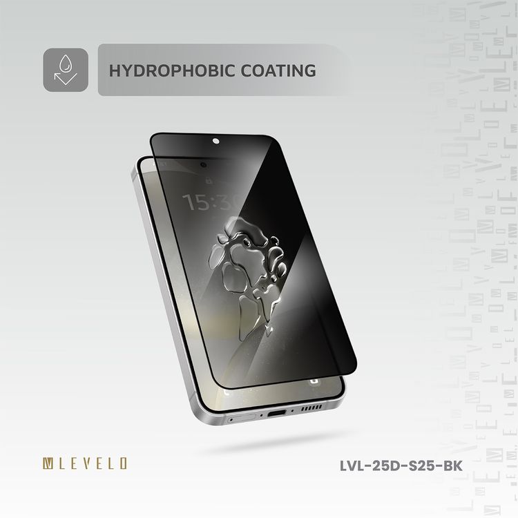 Levelo 2.5D Silk Print HD Privacy Glass for Samsung Galaxy S25, High Silicone Aluminum, 0.25mm Ultra Thin, Scratch-Resistant, Oleophobic & Hydrophobic Coating, Instant Fingerprint Unlock, Air Bubble Prevention, Explosion- Proof, Auto-Exhaust - Black