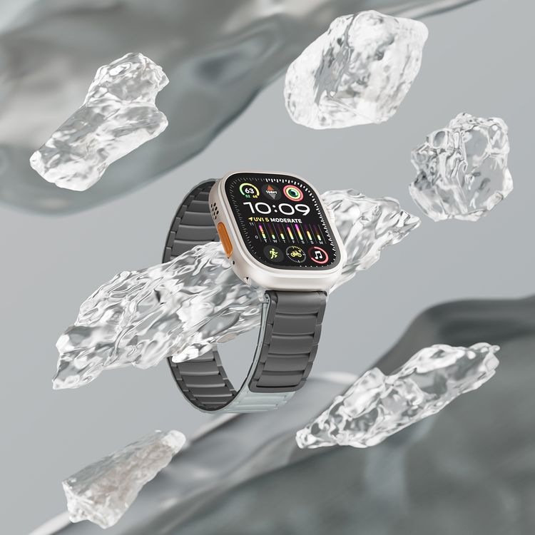 شريط ساعة Levelo Stella سيليكون مع مغناطيس، متوافق مع الساعات الذكية 49/46 ملم و Apple Watch SE، السلسلة 9، 8، 7، 6، 5، قابل للارتداء بلونين، مصنوع من مادة مضادة للحساسية، سهل التركيب، مقاوم للعرق، مقاوم للماء - أسود / رمادي.