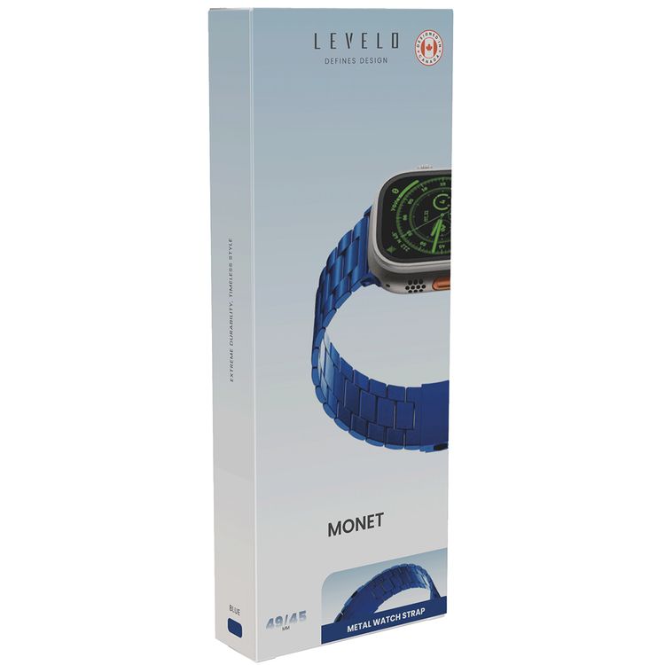 Levelo Monet Stainless Steel Watch Strap with Adjustable Links for Apple Watch 49/46mm, Hypoallergenic Material, 24/7 Wearability, Anti-Oxidation Technology, Compatible with SE, Series 9, 8, 7, 6 & 5 - Blue