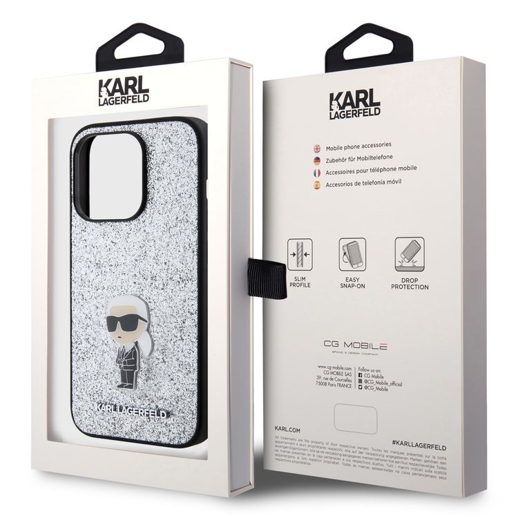 Karl Lagerfeld Fixed Glitter Case with Ikonik Logo Metal Pin - Silver - iPhone 15 Pro Max