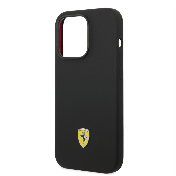 Ferrari Liquid Silicone Case with Black Camera Outline & Metal Logo iPhone 14 Pro Compatibility - Black