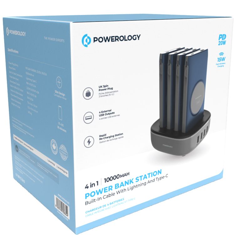 Powerology 4-in-1 10000mAh Power Bank Station with Built-in Lightning/Type-C Cable, 20W Power Delivery, 15W Maximum Wireless Output, UK 3-Pin Power Plug - Blue