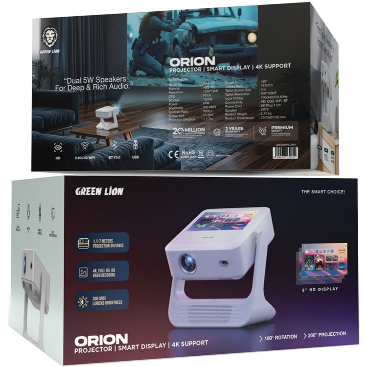 Green Lion Orion Portable Projector with 720 × 1280 Pixels Resolution, 300 ANSI Lumens Brightness, 180° Rotation, 1.1-7 Meters Projection Distance, 1.5 m UK Power Plug - White
