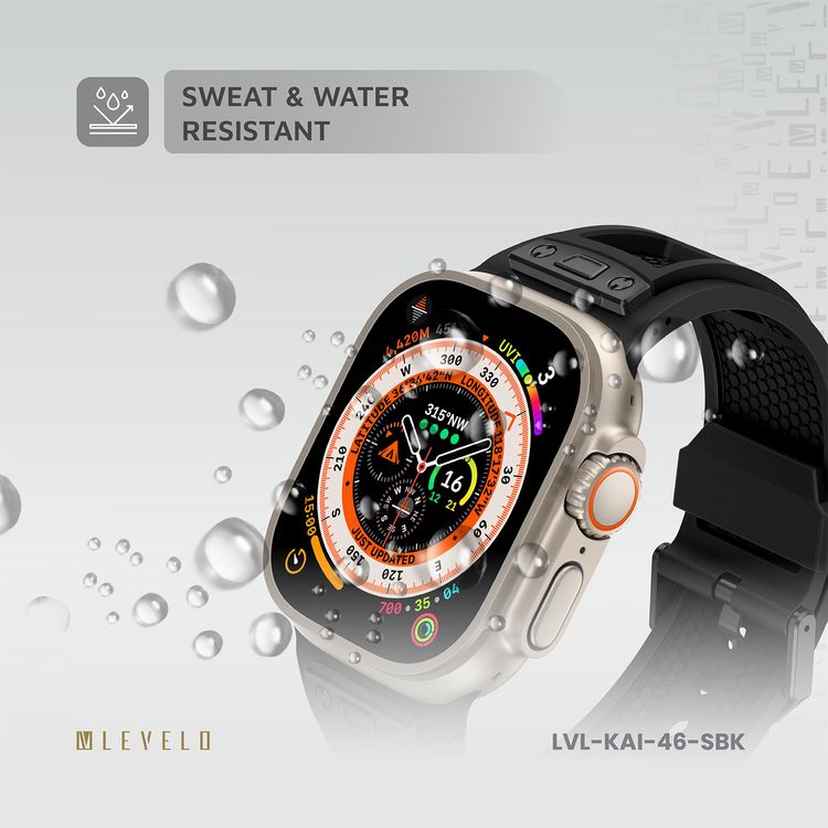 Levelo Kai Watch Strap, Apple Watch SE 9/8/7/6/5 (46/49mm), TPU + Metal Buckle, Hypoallergenic, 24/7 Wearability - Stealth Black