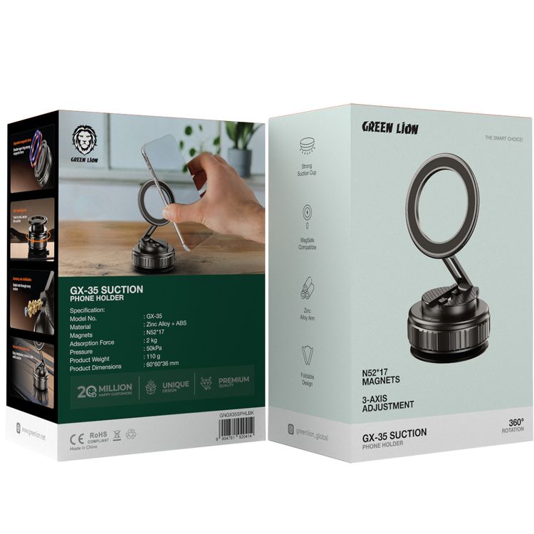 Green Lion GX-35 Suction Phone Holder with 360° Rotation, MagSafe Compatibility, N52×17 Magnets, 2kg Adsorption Force, Zinc Alloy Arm, 50kPa Pressure, Foldable Design - Black
