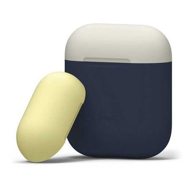 Elago Duo Silicone Case with Apple AirPods Case 1 & 2, Supports Wireless Chargers, Drop Resistant, Dustproof and Absorbing Protective Cover Body Jean Indigo / Top-Classic White, Yellow