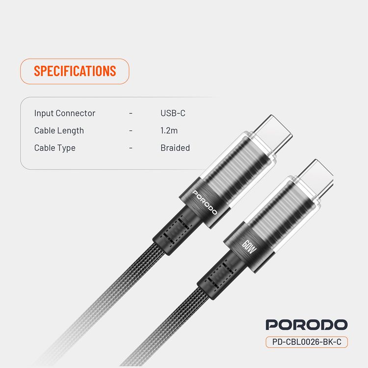 كابل USB-C إلى USB-C شفاف من Porodo، بطول 1.2 متر، متوافق عالميًا، PD 60 وات، آمن ومضمون، شاحن سريع للبيانات - أسود
