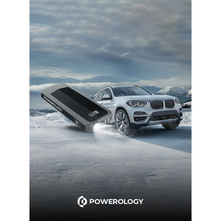 Powerology باور بانك 16000 مللي أمبير في الساعة PD 18 وات QC3.0 مع مشغل طوارئ 12 فولت، وقت شحن 3 ساعات، مخرج USB-C وUSB-A، شحن سريع، مصباح يدوي LED، شاشة LCD، محمول - أسود