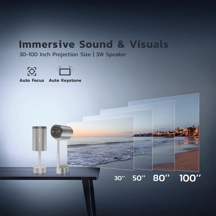 Porodo Lumino Smart FHD Projector with Adjustable Telescopic Stand, 100" Ultra Wide Screen, Android 13, Remote Controller, 2.69" LCD Panel Size, ×1 HD Multimedia & ×1 USB-A & ×1 Audio Inerface, 30"-100" Projection Size, 1-3m Projection Distance, Cinematic Screen Viewing - Gray