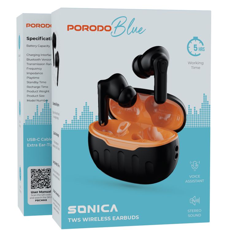Porodo Blue Sonica TWS Wireless Earbuds with Voice Assistant, Up to 5 Hours Play Time, Bluetooth Version 5.3, 200mAh Charging Case & 30mAh Earbuds Battery, Quick Pairing, Stereo Sound, Up to 120 Hours Standby Time - Black