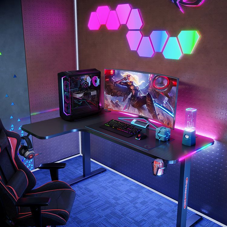 Porodo Gaming Xcommand Carbon Fiber Material Gaming Table with Headphone Mount, Large Surface, Carbon Fiber, Heat Resistant, Water Resistant, Remote Control,  Patented Design, Textured Chipboard,  Cup Holder, RGB Panel - Black