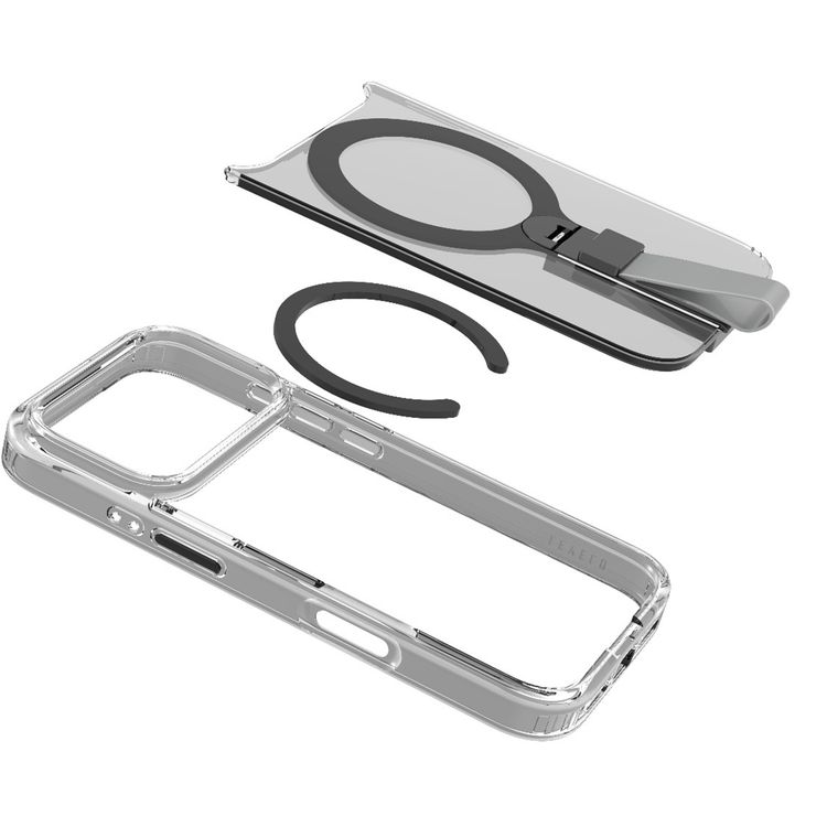 Levelo Spira MagSafe Clear Grip Case for iPhone 17 Pro, Strong Magnets, Horizontal & Vertical Viewing, Shock-Resistant Bumper, Anti-Scratch, 360° Rotating Metal Kickstand - Silverstone