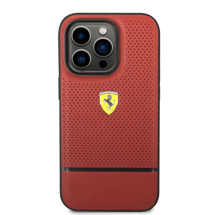 Ferrari Genuine Leather Case Perforated and Bottom Contrasted Line iPhone 14 Pro - Red