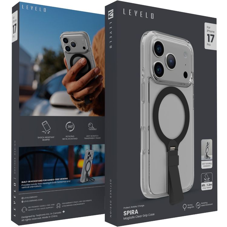 Levelo Spira MagSafe Clear Grip Case for iPhone 17 Pro, Strong Magnets, Horizontal & Vertical Viewing, Shock-Resistant Bumper, Anti-Scratch, 360° Rotating Metal Kickstand - Phantom Black