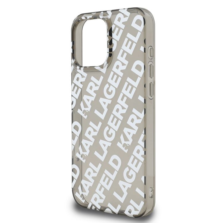 كفر Karl Lagerfeld IML الصلب مع شعار متكرر مطلي كهربائيًا لهاتف iPhone 16 Pro، حماية من السقوط، سهل التركيب، تغليف مستدام - فضي