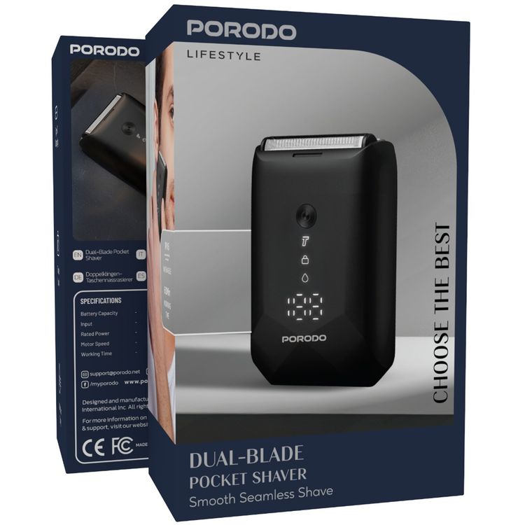 Porodo Lifestyle Dual-Blade Pocket Shaver with Travel Lock, Dual-Blade, Digital Display, Type-C Charging, 600mAh Battery, 8000RPM Motor Speed, Lightweight & Portable - Black