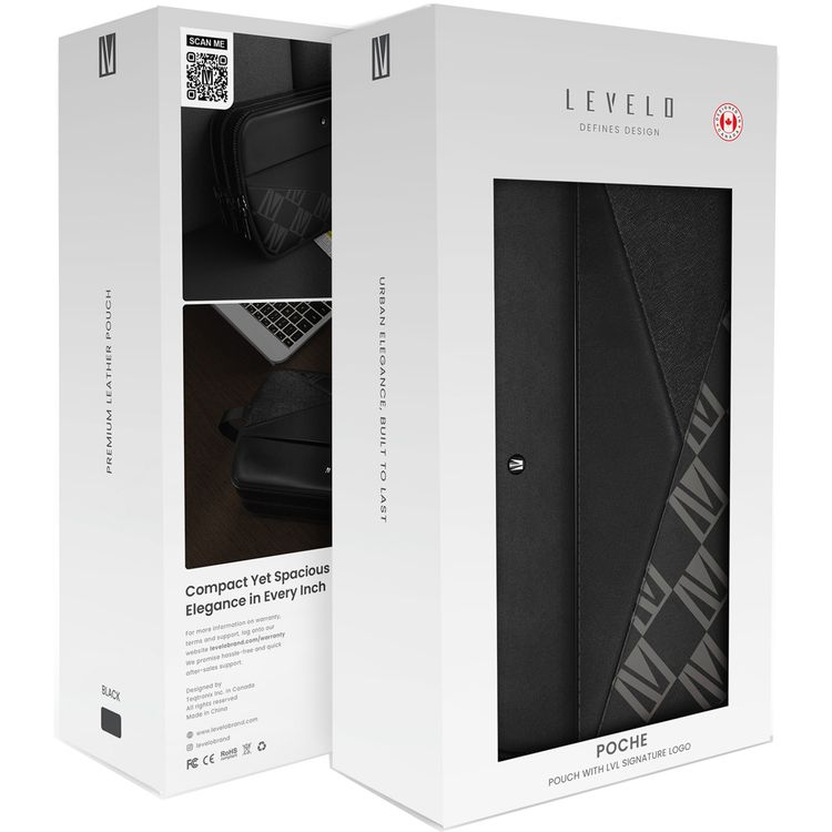 Levelo Poche Pouch with Head-Hang, Genuine Saffiano Leather Material, Multi Pockets, Cable Organizing Pocket - Black