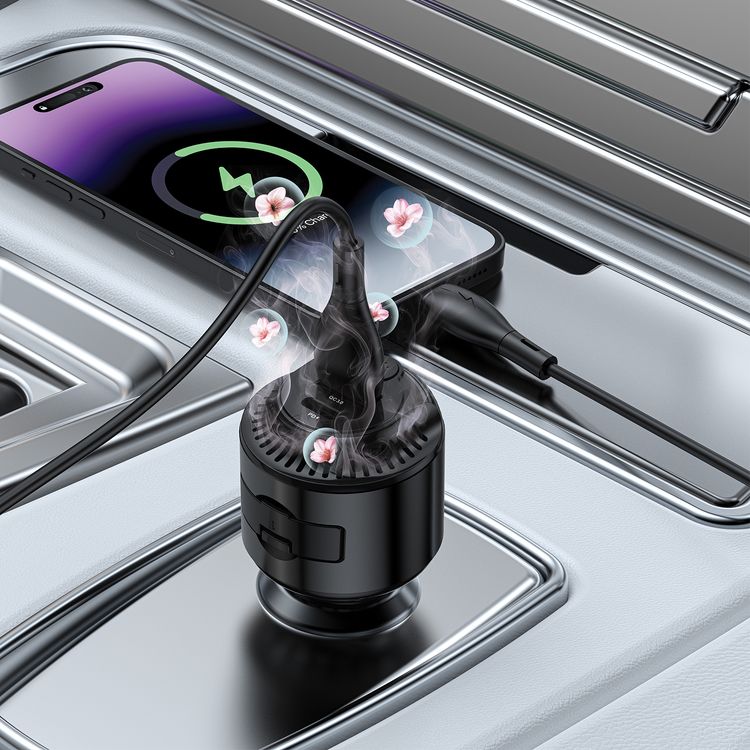 Porodo MistCharge 2-in-1 Car Charger with Air Diffuser, 45W PD, 30W QC, 75W Total Output, Cologne & Ocean Scents, 2 Scent Pads, Universal Compatibility, Fast Charging - Black