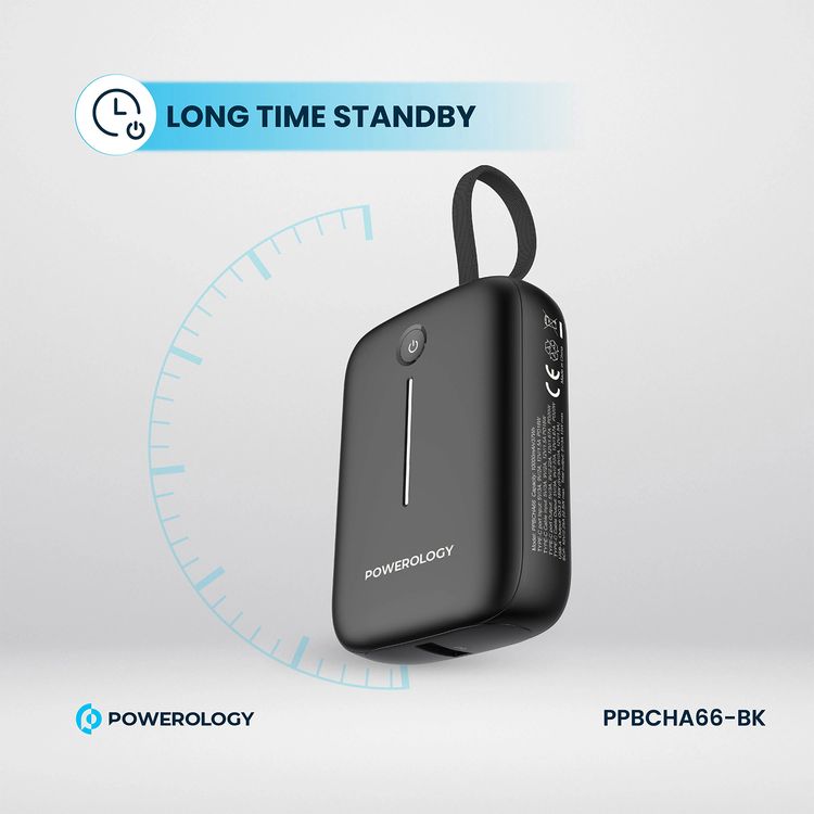 Powerology 10000mAh Power Bank with Detachable USB-C Wire, 20W Power Delivery, 3-Device Charging, Long Time Standby, Universal Phone Compatibility, Built-in Safeguards - Black