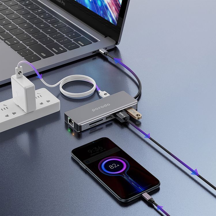 Porodo 9-in-1 USB-C Hub 4K HDMI Ethernet with 100W Power Delivery, 3.5mm Aux, USB-C Version 3.2, 10Gbps Data Transfer Speed, SD & Micro SD Memory Slot - Gray