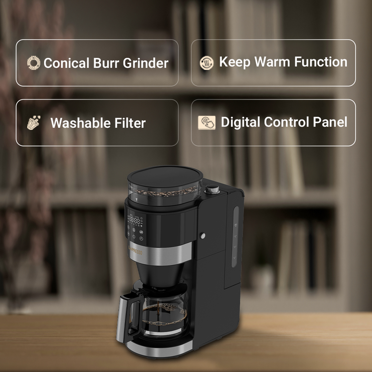 آلة تحضير القهوة LePresso مع طاحن الحبوب وسعة خزان ماء 1.35 لتر، قوة تخمير قابلة للتخصيص، طاقة مقيمة 900 واط، وظيفة الحفاظ على السخونة، لوحة تحكم رقمية - أسود