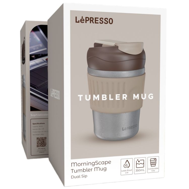 كوب ليبريسو بطراز ثنائي الشُرْب، سعة 350 مل، مصنوع من الفولاذ المقاوم للصدأ 316L ومادة البولي بروبلين، غطاء مضاد للتسرب، عزل حراري، قبضة مريحة، تصميم صديق للبيئة - اللون الرمادي