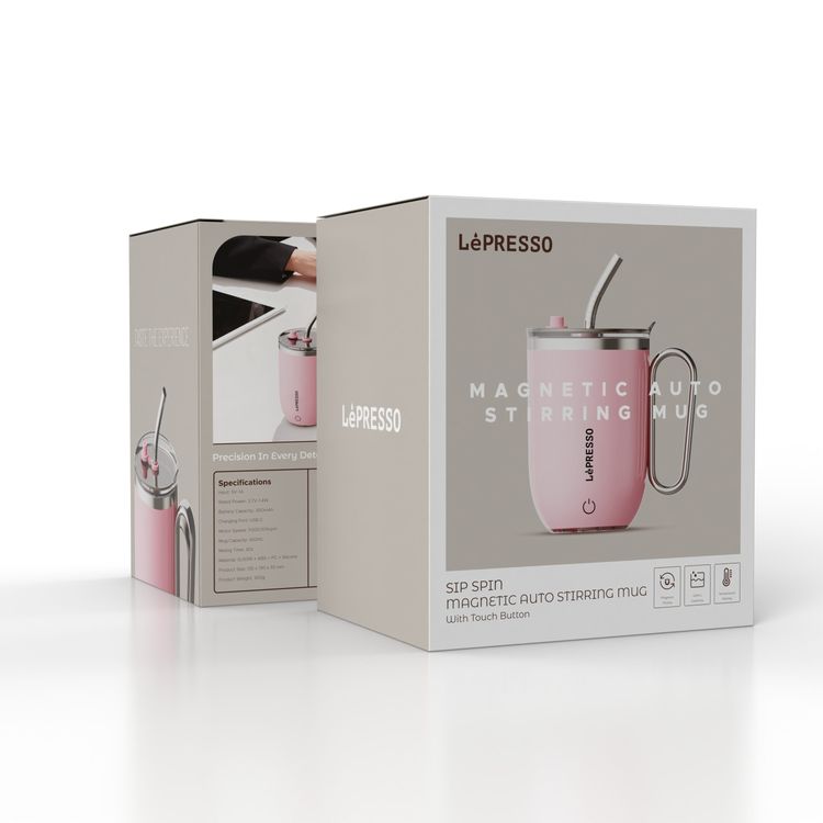 كوب LePresso Sip Spin Magnetic Auto-Stirring مع زر لمس، سعة 420 مل، بطارية 300 مللي أمبير/الساعة، وقت مزج 30 ثانية، منفذ شحن USB-C، غطاء محكم لمنع التسرب، عزل حراري، تصميم متين وسهل التنظيف - وردي