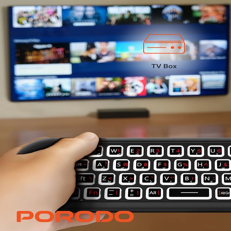 Porodo Air Mouse Remote and Mini Keyboard with 6 Axis Gyro Sensor, Arabic & English Layouts, 58 Full QWERTY Keyboard Keys, 3 Adjustable Level Mouse Pointer Movement, 250 mAh Battery Capacity - Black