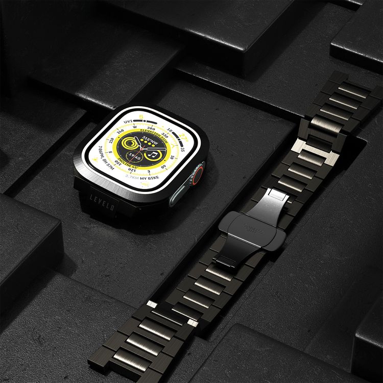 Levelo Royal Stainless Steel Strap & Case for Apple Watch 49mm, Butterfly Clasp, Adjustable Links, Quick & Convenient Removal - Black