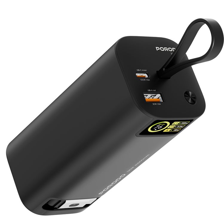 Porodo 20000mAh 130W Power Bank with 1m Retractable Type-C Cable, 100W Power Delivery, Suitable for Laptop Charging, Digital Display - Black