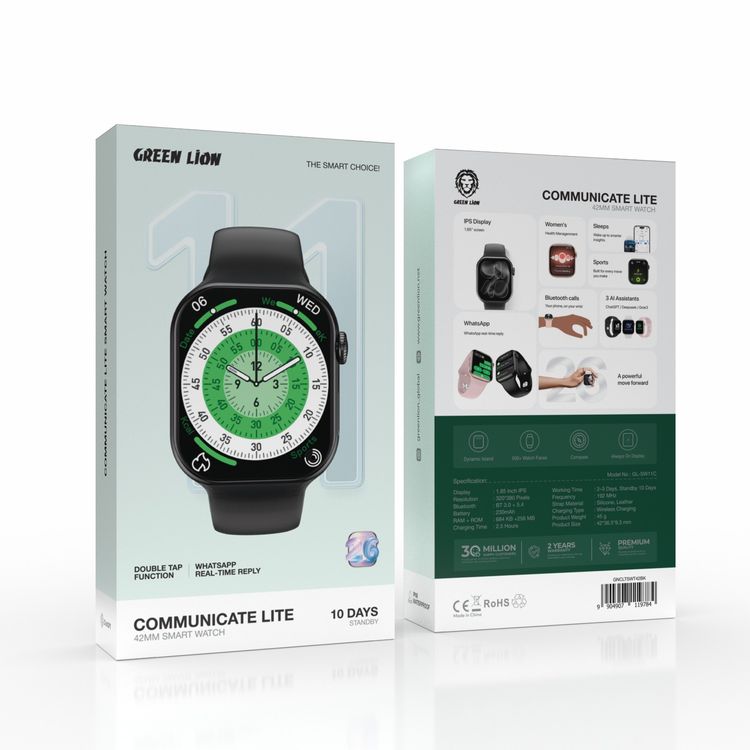 Green Lion Communicate Lite 42mm Smart Watch with 1.85 Inch IPS Display, 230mAh Battery Capacity, 2-3 Days Working Time, 10 Days Standby Time, Bluetooth Version 3.0 + 5.4, Wireless Charging, Double Tap Function, Dynamic Island, Always-On Display, 500+ Watch Faces - Black