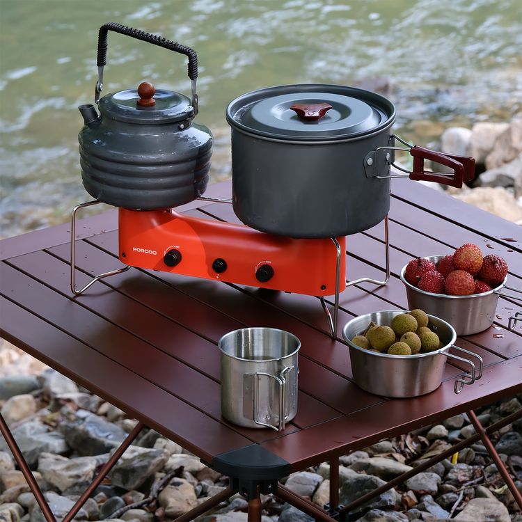 Porodo Dual Burner Camping Gas Stove with Independent Flame Control, Stable Pot Support, Low Fuel Consumption, Instant Pulse Ignition, 3.65kW per Burner Rated Output, 266g/h per Burner Gas Consumption, Butane Gas Fuel Type - Orange