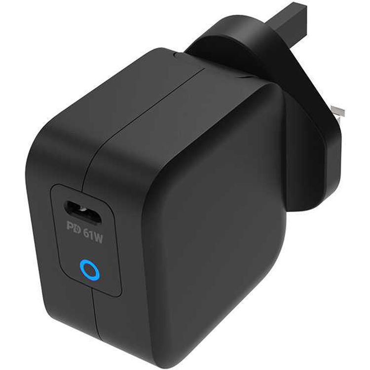 Powerology Ultra-Compact PD Charger with 61W Power Delivery, 100% Charge in 2 Hours, UK 3-Pin Plug, Built-in Safeguards, Advanced GaN Technology - Black