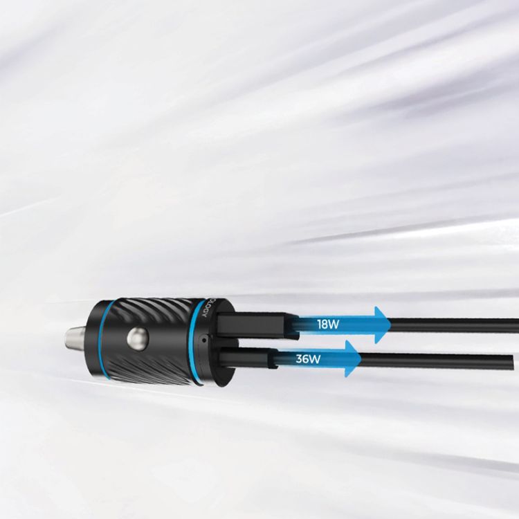 Powerology Pico Dual-Port Car Charger with Built-in Safeguards, 36W Power Delivery, Overvoltage Protection, Fast Charge, Universal Compatibility - Black