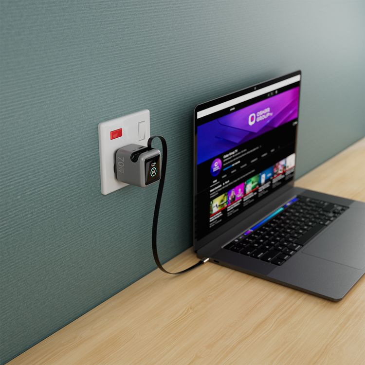 Powerology Halo Dual-Port GaN Charger with 80cm Retractable Type-C Cable, USB-A & USB-C Ports, 70W Max Output, GaN Technology, Smart Power Display, 3-Device Charging, 3-Pin UK Plug, Built-in Safeguards, Fast Charge Support - Gray