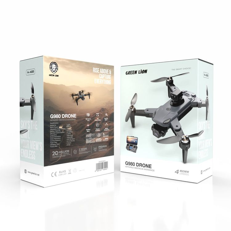 Green Lion G980 Drone, HD Photo & Video, 2000mAh Battery Capacity, 15 minutes Flight Time, 150m Control Distance, 25fps Frame Rate, One-Key Return, Obstacle Avoidance - Gray