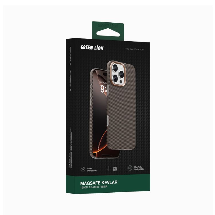 Green Lion Magsafe Kevlar Case for iPhone 16 Pro, Drop Protection, Comfortable Grip, Military Grade Defense, Ultra Slim & Lightweight - Black / Gold